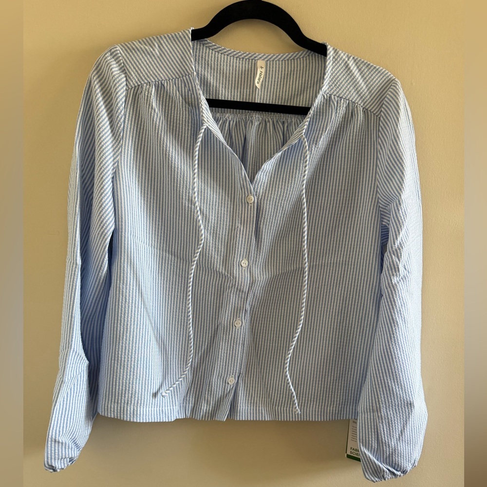 New! HALARA Light Blue & White Striped Blouse